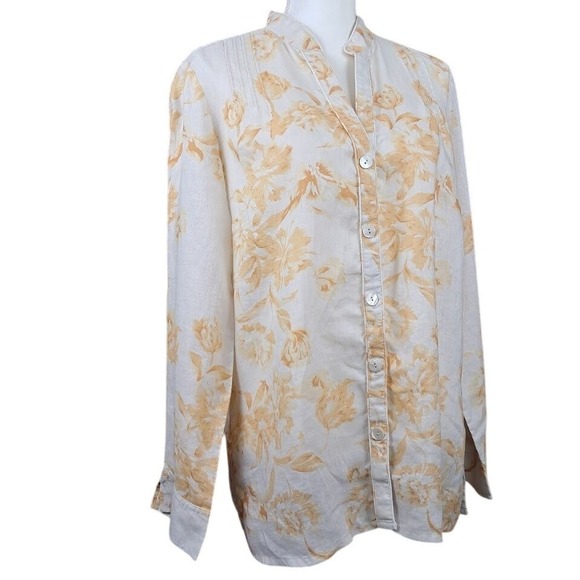 Rafaella Tops - Vintage RAFAELLA 14 Linen Cream & Yellow Floral‎ Blouse Long Sleeve Button Down